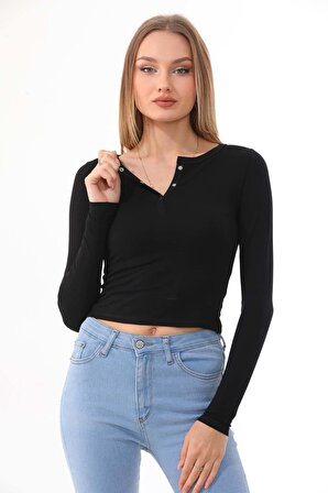 Kadın Crop Pamuklu Patlı T-shirt-Siyah