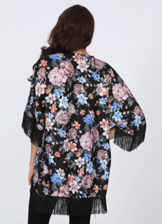 Kadın Çiçek Desenli Püsküllü Kimono