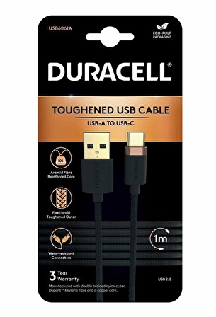 Duracell 1m USB-C to USB-C Örgülü Şarj Kablosu - Siyah