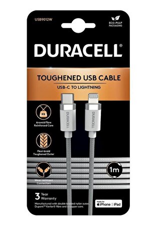 Duracell 1m Lightning to USB-C Örgülü Şarj Kablosu - Beyaz
