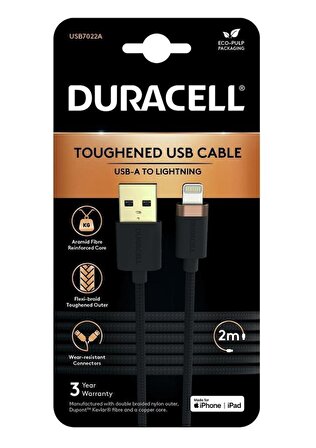 Duracell 2m Lightning to USB-A Örgülü Şarj Kablosu - Siyah