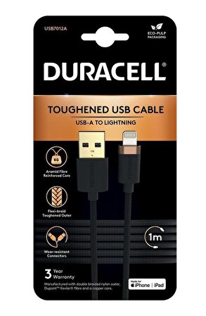 Duracell 1m Lightning to USB-A Örgülü Şarj Kablosu - Siyah