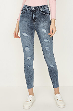 Kadın Yırtık Detaylı Yüksek Bel Jeans