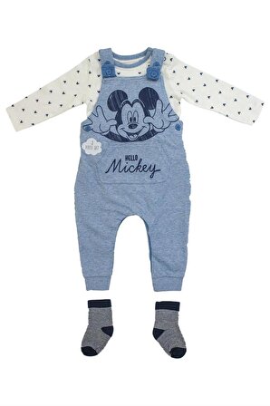 Bebek %100 Pamuk Lisanslı Mickey Mouse Baskılı Salopet Tulum & Bodysuit & Çorap Takımı