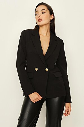 Kadın Cep Detaylı Gold Düğmeli Blazer Ceket