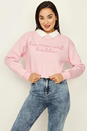 Kadın Gömlek Yaka Yazı Detaylı Sweatshirt