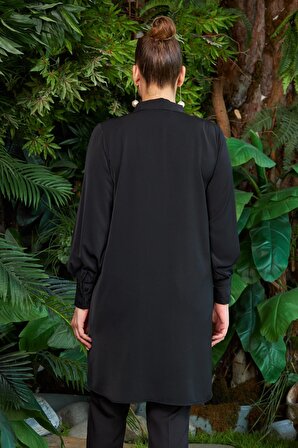 Rmg Nakış ve Taş İşlemeli Büyük Beden Uzun Siyah Gömlek Tunik