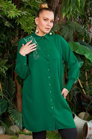 Rmg Nakış ve Taş İşlemeli Büyük Beden Uzun Yeşil Gömlek Tunik