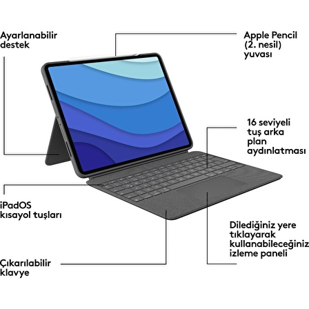 Logitech Combo Touch iPad Pro 12.9 inç 5. Nesil ile Uyumlu Klavyeli Kılıf 920-010186