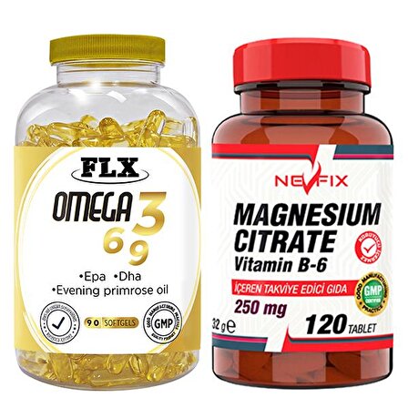 Flx Omega 3-6-9 Balık Yağı 90 Softgel & Nevfix Magnesıum Cıtrate Vitamin B-6 120 Tablet