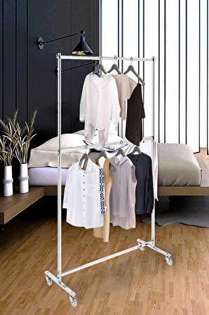Ev Tipi Çift Katlı Kıyafet Askısı Tekerlekli Askılık Orta Stant Metal Elbise Askılığı