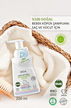 INCIA %100 Doğal Organik Bebek Köpük Şampuanı Saç Vücut Lavanta Konak Önleyici Yenidoğan 200 ml