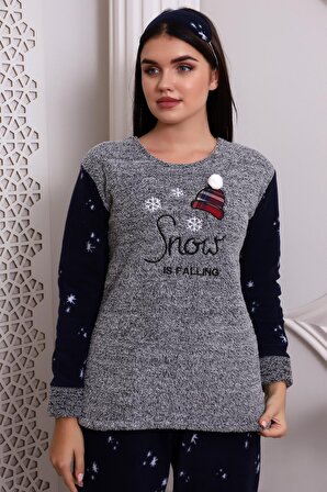 Fwn 3005 Peluş Welsoft Polar Kışlık Kar Desenli Kadın Pijama Takımı