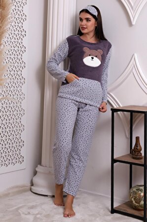 Fawn 3010 Peluş Welsoft Polar Kışlık Pandalı Cepli Kadın Pijama Takımı