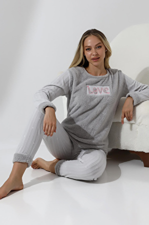 Fawn 5019 Peluş Welsoft Polar Kışlık Yumoş Kadın Pijama Takımı Love