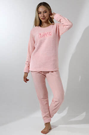 Fawn 5019 Peluş Welsoft Polar Kışlık Yumoş Kadın Pijama Takımı Love