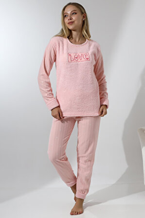 Fawn 5019 Peluş Welsoft Polar Kışlık Yumoş Kadın Pijama Takımı Love