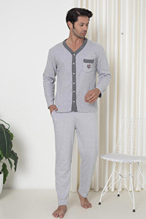 Flk 7057 Boydan Düğmeli Pamuklu İnterlok Kışlık Erkek Ev Pijama Takımı
