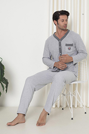 Flk 7057 Boydan Düğmeli Pamuklu İnterlok Kışlık Erkek Ev Pijama Takımı