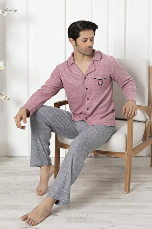 Falkom 7052 Boydan Düğmeli Pamuklu İnterlok Kışlık Erkek Ev Pijama Takımı