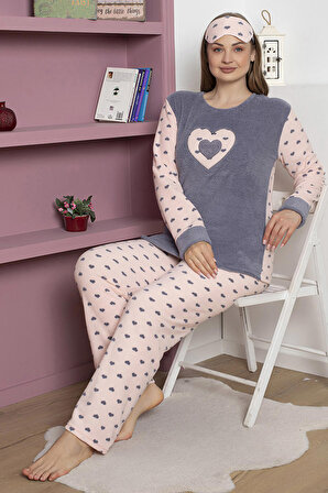 Fwn 5101 Büyük Beden Peluş Welsoft Polar Kışlık Kalpli Kadın Pijama Takımı