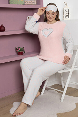 Fwn 5101 Büyük Beden Peluş Welsoft Polar Kışlık Kalpli Kadın Pijama Takımı