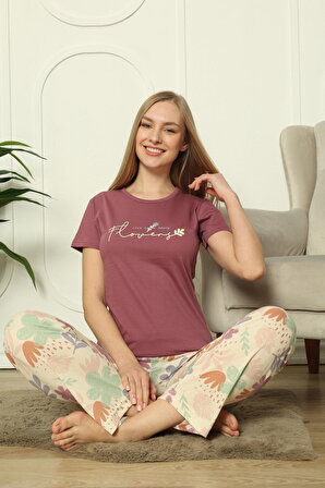 Mirano 4116 Pamuklu Kısa Kollu Çiçekli Pijamalı Kadın Pijama Takımı