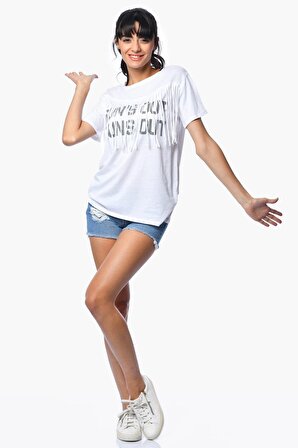 Cotton Candy Cotton Candy Püsküllü Kısa Kollu Kadın T-Shirt - Beyaz