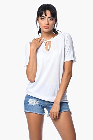 Cotton Candy Cotton Candy Arkası Kalp Baskılı, Yakası Bağlamalı Kısa Kollu Kadın T-Shirt - Beyaz