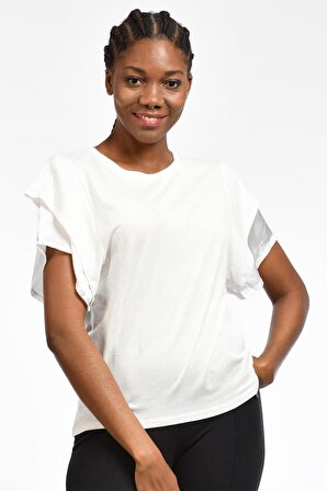 Cotton Candy Cotton Candy Kol Uçları Saten Kısa Kol Kadın T-Shirt - Beyaz