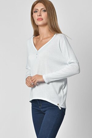 Cotton Candy Cotton Candy Düğme Detaylı V Yaka Uzun Kol Kadın T-Shirt - Buz Mavisi