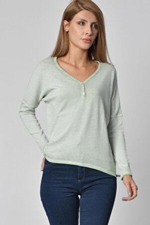 Cotton Candy Cotton Candy Düğme Detaylı V Yaka Uzun Kol Kadın T-Shirt - Su Yeşili