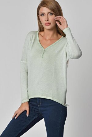 Cotton Candy Cotton Candy Düğme Detaylı V Yaka Uzun Kol Kadın T-Shirt - Su Yeşili