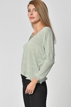 Cotton Candy Cotton Candy Yaka ve Kol Dantel Detaylı Uzun Kol Kadın T-Shirt - Su Yeşili