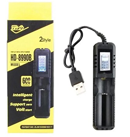 Dijital Ekranlı USB'li 16340-18650-26650 Tek yuvalı Lityum PİL Şarj Cihazı HD/8990B
