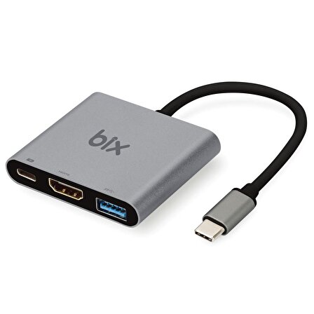 Bix BX13HB Type-C To USB 3.0 HDMI 4K PD 3 Portlu Çevirici Dönüştürücü Hub Adaptör - HBV00000REVBX