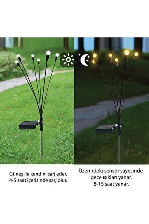 Güneş Enerjili 6 Led'li Solar Bahçe Işıkları - 6 Dal Işık Buketi Ateş Böceği - Dış Peysaj Aydınlatma 1 Adet