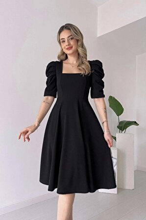 Siyah Kare Yaka Prenses Kol Crep Kumaş Elbise