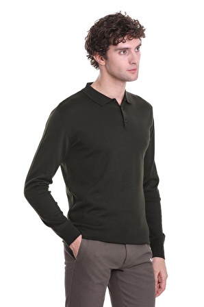 Haki Regular Fit Düz Polo Yaka Triko Kazak | M