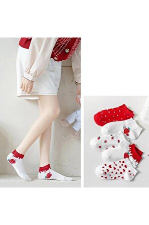4 Çift Sevimli Çok Renkli Kalp, Çilek Desenli Kadın Patik beyaz Çorap