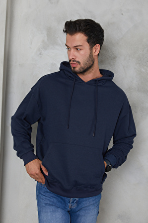 2D2B  Erkek Oversize Kapüşonlu Kanguru Cepli Ribanalı Uzun Kollu Basic Sweatshirt