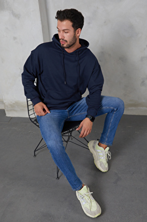 2D2B  Erkek Oversize Kapüşonlu Kanguru Cepli Ribanalı Uzun Kollu Basic Sweatshirt