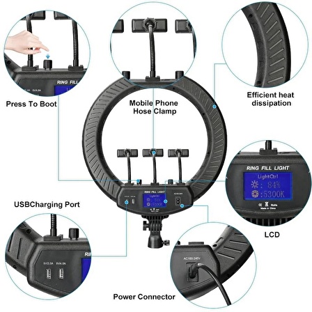 Dijital Göstergeli 18inç ring ligth halka ışık 2.10cm döküm tripod ayak