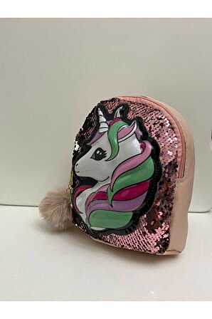 DZC KUZENLER AVM Kız Çocuk Unicorn Işıklı Pullu Ponponlu Sırt Çantası