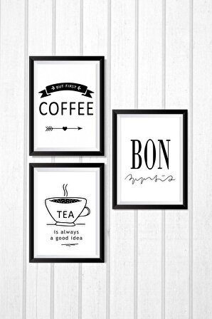 3 Parça Mutfak Coffee Bon Ev Dekorasyon Ahşap Çerçeve Görünümlü Ev Ürünleri Mdf Tablo Set