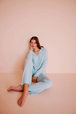 Base Josie Green Striped Uzun Kollu Pijama Takımı
