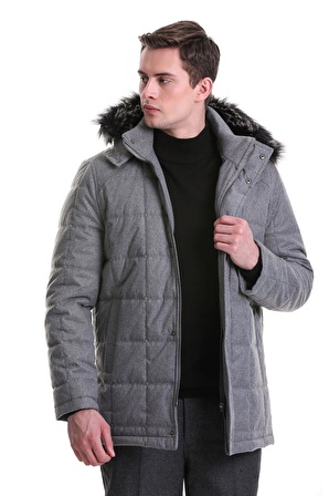 Gri Slim Fit Hakim Yaka Kürklü Kapüşonlu Kaban | S