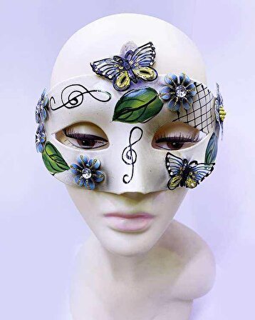 Kelebek ve Çiçek İşlemeli Venedik Maskesi Siyah Renk 10x18 cm