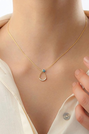 925 Ayar Nazar Boncuklu Damla Gold Kadın Gümüş Kolye