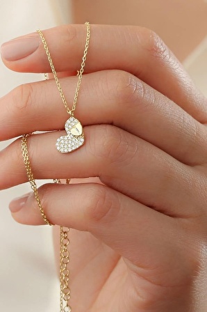925 Ayar Zirkon Taşlı Kalp Gold Kadın Gümüş Kolye